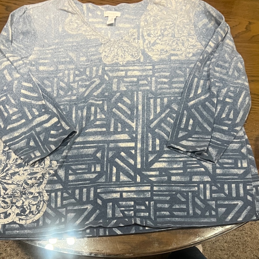 Chico's Blue and White Geometric Long Sleeve Top